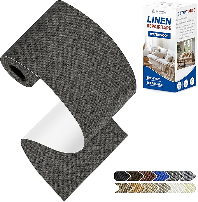 KING MOUNTAIN Linen Repair Patches, Self-Adhesive Linen Fabric Patches, 4 X 63 inch Extra Size, Multi Color, Can be Used for Linen Sofa Repair and Linen Clothes Repair (Dark Grey)