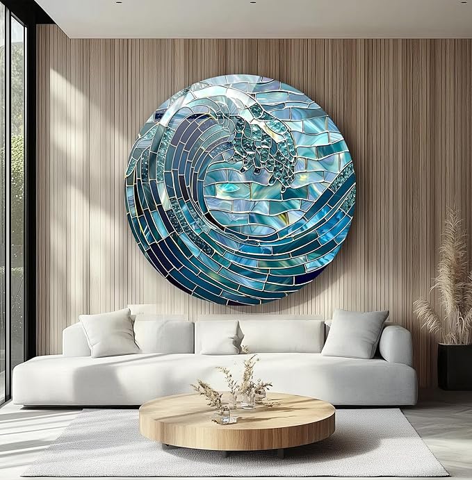 My Photostation.com 20''(50cm) Diameter Ocean Wave in Blue Mosaic Round Glass Wall Art Tempered Glass Printing Wall Decor Large Wall Art Wall Hangings