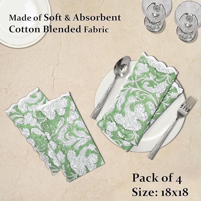 Ridhi Sage Green Hand Block Print Napkins 18" x 18" Set of 4 Reusable Cotton Dinner Napkins for Weddings, Parties & Everyday Dining, Thanksgiving, Christmas, Fall