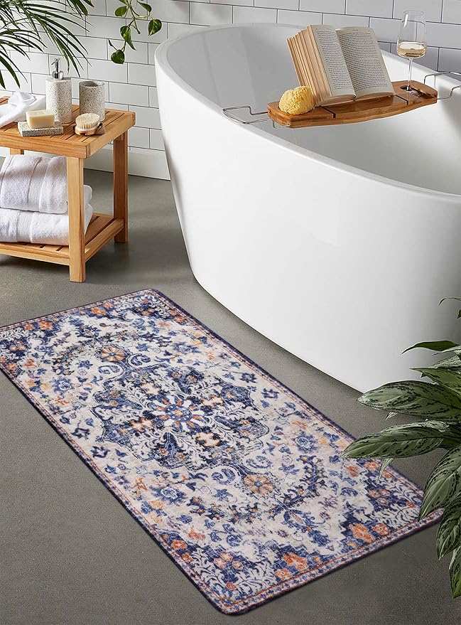 Lahome Bohemian Floral Medallion Runner Rug - 2x4 Blue Soft Bathroom Rug Runner Entry Way Mat, Washable Non Skid Laundry Room Carpet Runners for Living Room Dining Room Kitchen Entrance