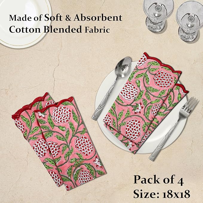Ridhi Strawberry Pink Hand Block Print Napkins 18" x 18" Set of 4 Reusable Cotton Dinner Napkins for Weddings, Parties & Everyday Dining, Thanksgiving, Christmas, Fall