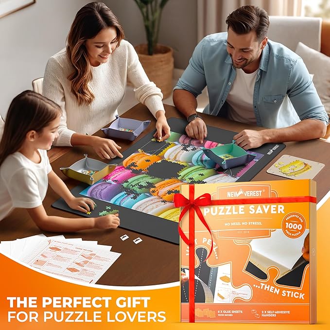 Newverest 6-Pack Puzzle Glue Sheets 10×10″ – Preserve & Display 1 × 1000-Piece Jigsaw Puzzles – Peel & Stick Puzzle Saver with 2 Adhesive Hangers – No Glue, No Mess, Ships Flat, Gift-Ready Box