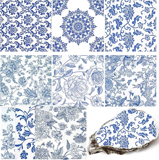 Decoupage Napkins Assorted Floral 27 Pack 9 Styles for DIY Crafting Birthday Party ， Decorative Decoupage Napkins Cocktail Paper ，Each Unfolded 13 Inch (Blue and White Floral)