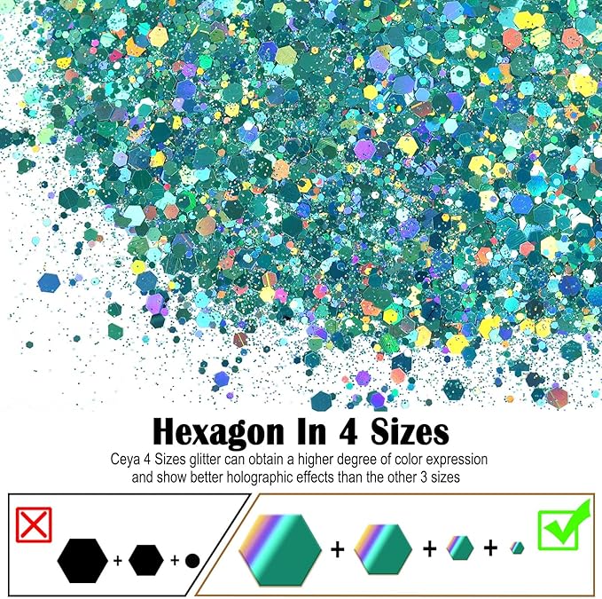 Ceya Holographic Chunky Glitter, 4.9oz/ 140g Spring Green Craft Glitter Powder Mixed Chunky & Fine Flakes Iridescent Nail Sequins for Nail, Hair, Epoxy Resin, Tumblers, Slime, Painting, Festival Decor