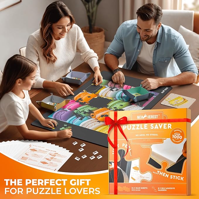 Newverest 24-Pack Puzzle Glue Sheets 10×10″ – Preserve & Display 4 × 1000-Piece Jigsaw Puzzles – Peel & Stick Puzzle Saver with 8 Adhesive Hangers – No Glue, No Mess, Ships Flat, Gift-Ready Box