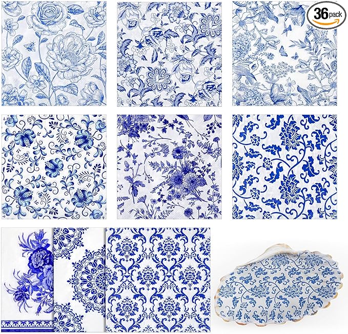 Crtiin 36 Pack 9 Styles Decoupage Napkins Assorted Floral Decorative Decoupage Napkins Chinoiserie Cocktail Paper for DIY Crafting Birthday Party, Each Unfolded 13 Inch(Blue and White Floral)