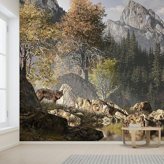 wall26 Wall Sticker/Wall Mural Wolf Near a Lake in a Rocky Mountain Landscape, Not Peel and Stick, Non-Woven Wallpaper Decorative for Bedroom, Living Room, Office - 132x168 inches