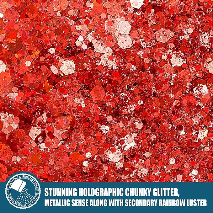 Estanoite Holographic Chunky Glitter, 160G/5.64OZ Glitter, Mixed Fine & Chunky Glitter for Epoxy Resin, Iridescent Glitter for Crafts Tumblers, Halloween Christmas Festival Painting Decor (Red)