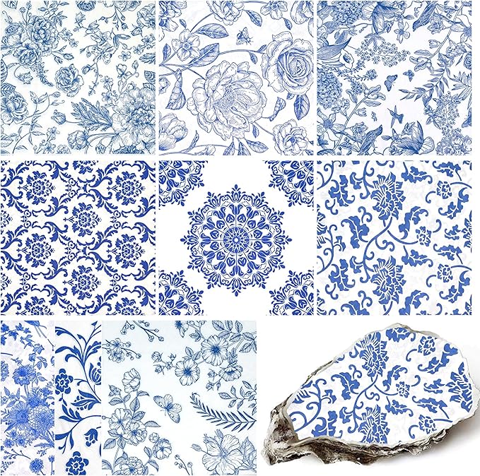 Decoupage Napkins Assorted Floral 27 Pack 9 Styles for DIY Crafting Birthday Party ， Decorative Decoupage Napkins Cocktail Paper ，Each Unfolded 13 Inch (Blue Floral)