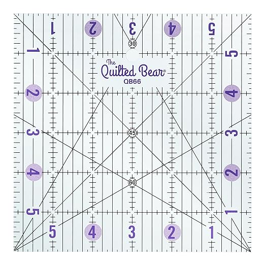 The Quilted Bear Quilting Rulers - Transparent Acrylic Non Slip Quilting, Patchwork & Sewing Ruler with Clear Black Lines & 30, 45 & 60 Degree Angles for Perfect Accuracy & Precision (6" x 6")