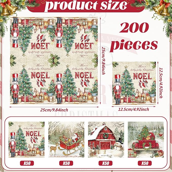 Janlaugh 200 Pcs Christmas Cocktail Napkins Disposable Nutcracker Paper Napkins Decoupage 2 Ply Vintage Santa Beverage Dinner Towels for Xmas Party Favor Supplies