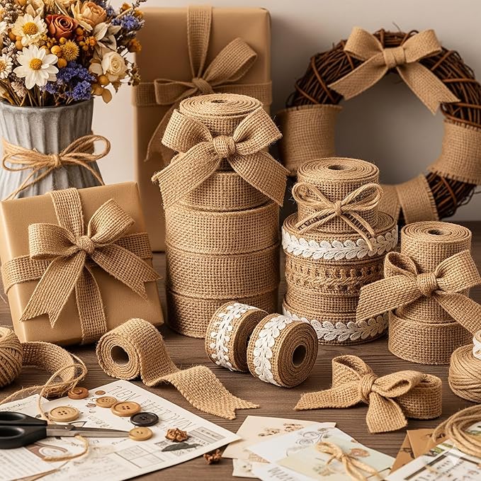Burlap Ribbon 4" x 15 Yards Natural Jute 4 Inch 5yards 3 Rolls, (Natural, 4Inch X 15yards)