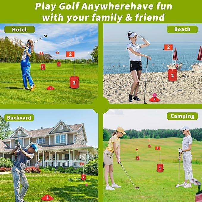 Golf Bucket Yard Game - Outdoor Lawn Games for Adults and Family with 2 Golf Bucket Club, 6 Hole Golf Course, Balls and Flag - Adult Golf Chipping Games for Backyard Beach Park Camping and Hotel