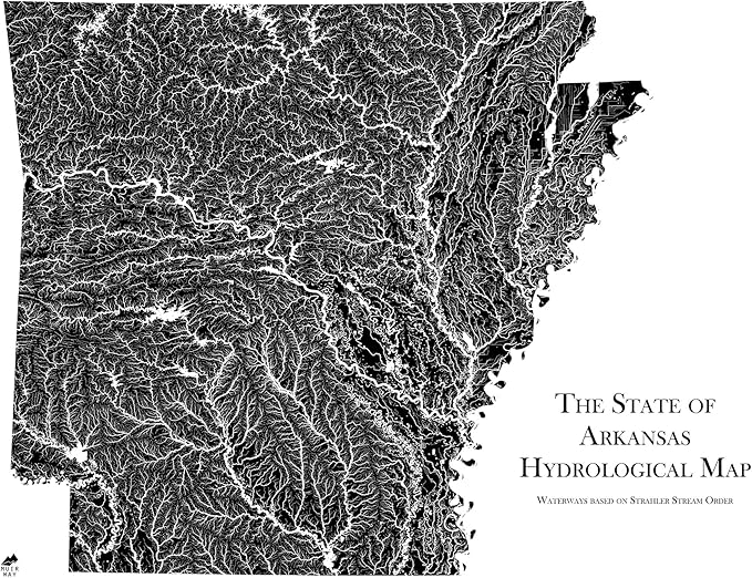Muir Way Hydrological River Map of Arkansas - Watershed Topographic Wall Art for Home, Office, or Travel Decor - Unframed Flat Paper Print, 18x24