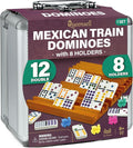 Queensell Mexican Train Dominoes Set with 8 Holders - Wooden Hub and Tiles Holders - Double 12 Tiles with Dots (D12 + 8 Holders)
