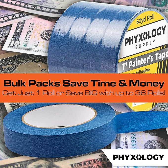 No-Residue 1 Inch, 60 Yard Blue Painters Tape 4 Pk. Easy-Tear, Pro-Grade Removable Masking Tape Great for Home, Office, Commercial Contractor. Clean, Drip-Free Painting with Wide Crepe Paper Rolls