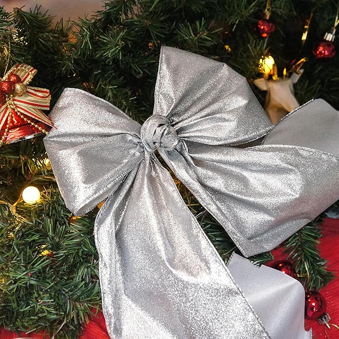 CT CRAFT LLC Glitter Wired Ribbon 6" x 10 Yards Silver for Christmas Home Decor Bow Gift Wrapping DIY Crafts Wreath