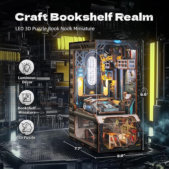3D Wood Puzzle Book Nook Kit, Automobile Workshop Miniature Bookshelf Insert Décor with LED Lights, DIY Mechanical Model for Display, Unique Craft for Adults and Teens (Automobile Workshop)