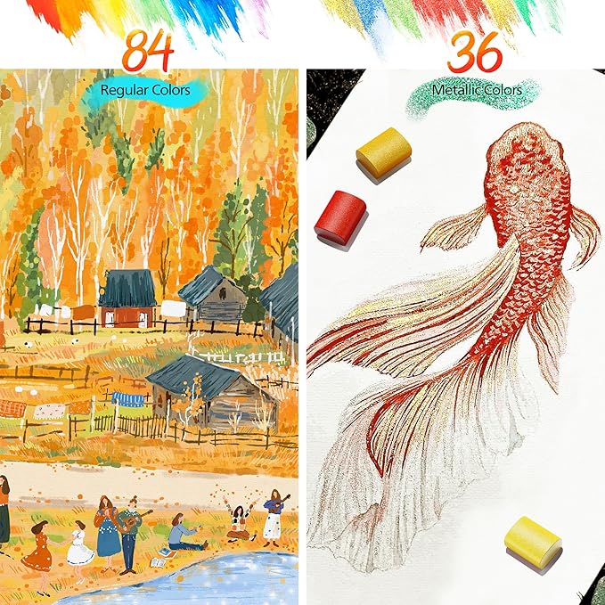 Caliart Watercolor Paint Set, 100 Colors Portable Travel Water Color Palette Kit with Detail Painting Brush, Art Supplies Christmas Gifts for Artists Adults Painters Beginners
