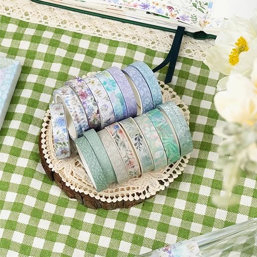 YUBX Spring Washi Tape Set 16 Rolls Flowers Printed Embellishment Green Decorative Masking Tapes for Arts, DIY Crafts, Journals, Planners, Scrapbook, Wrapping