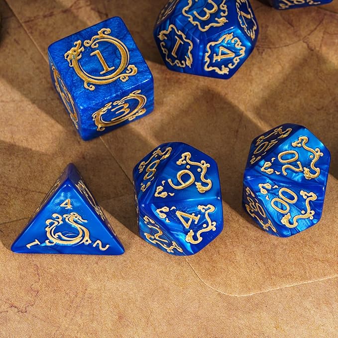 7-Die DND Dice Set Dragon Pattern Polyhedral Die with Leather Bag D&D Dice Set for RPG Table Games (Blue W/Gold Dragon Pattern)