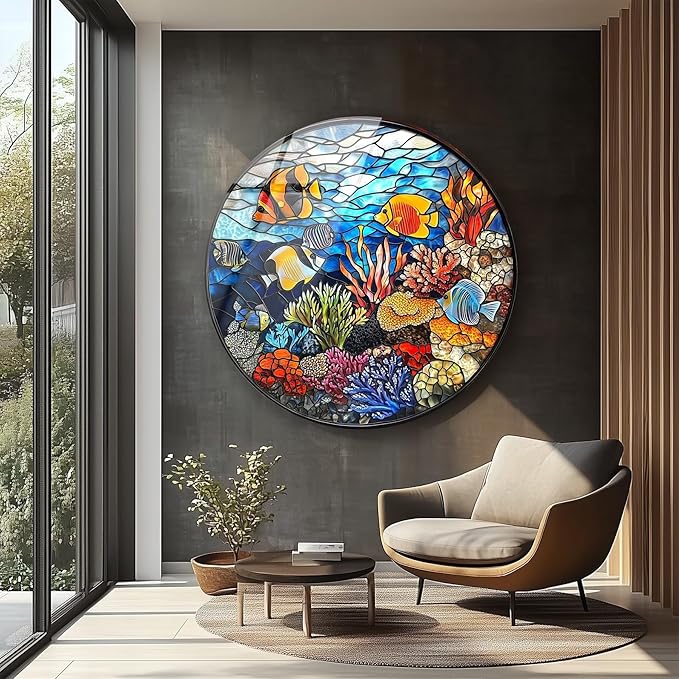 My Photostation.com 20''(50cm) Diameter Coral Reef Mosaic Round Glass Wall Art Tempered Glass Printing Wall Decor Large Wall Art Wall Hangings