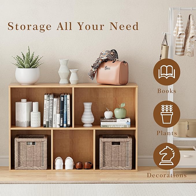 Wooden Cube Storage Organizer with Closed Back Panel, 11in Cube Shelf Opening, Bookshelf, Display Shelf,Closet Cabinet for Home and Office (Natural Oak, 5-Cube 35.98L*9.45W*24.09H)