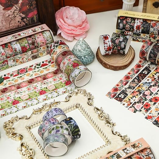 10 Rolls Blooming Flowers Washi Tape Set Floral Arts Adhesive Tapes Colorful Garden Decorative Masking Tape Sets for Craft, Kids, Scrapbook, DIY, Gift Wrapping (6-Silence)