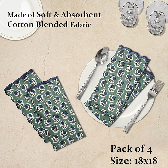 Ridhi Basil GreenHand Block Print Napkins 18" x 18" Set of 4 Reusable Cotton Dinner Napkins for Weddings, Parties & Everyday Dining, Thanksgiving, Christmas, Fall