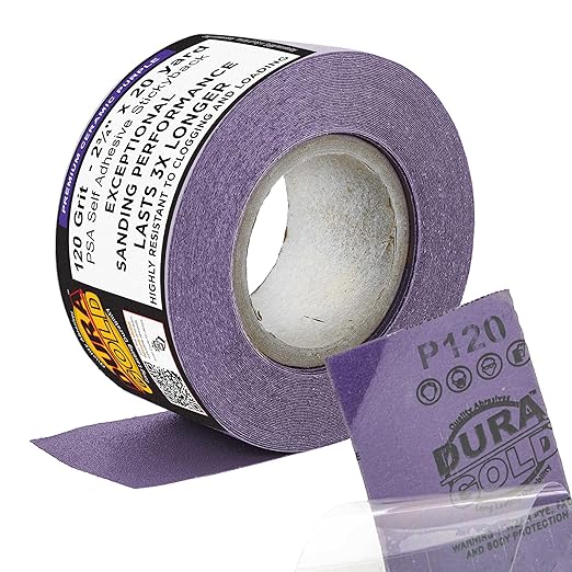 Dura-Gold Premium 120 Grit PSA Purple Film Ceramic Longboard Sandpaper, 2-3/4" Wide Continuous 20 Yard Roll - Self Adhesive Stickyback for Auto & Wood Air File Long Board Sanders, Hand Sanding Blocks