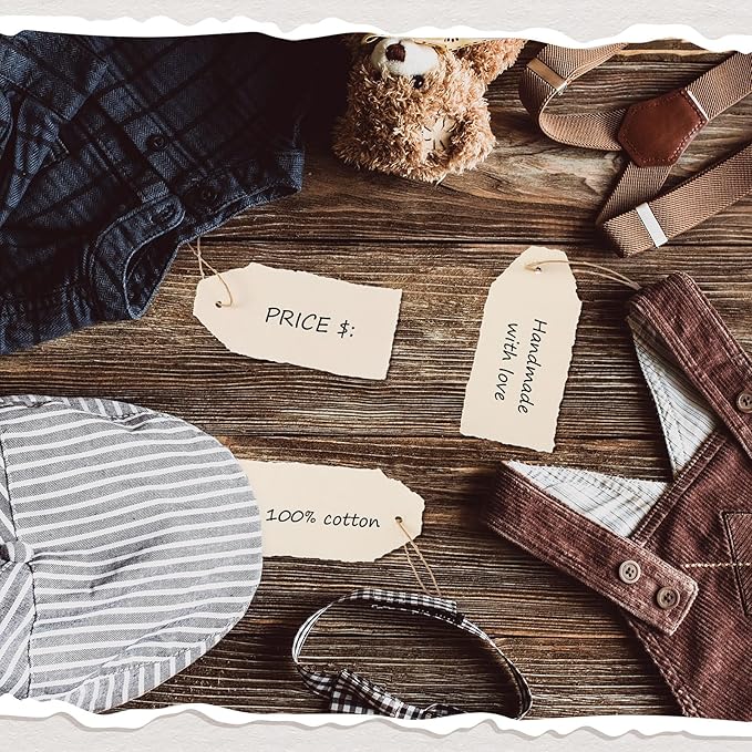 50 Pack Handmade Vintage Deckle Edge Tags with String 3.75 x 1.75 Thick 160 GSM Cotton Gift Tags with String Attached for Name Cards Place Cards Arts Crafts Gift(Vintage Beige)