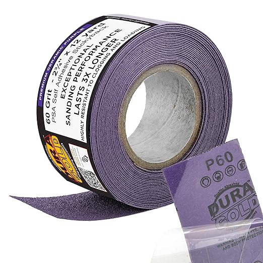 Dura-Gold Premium 60 Grit PSA Purple Film Ceramic Longboard Sandpaper, 2-3/4" Wide Continuous 12 Yard Roll - Self Adhesive Stickyback for Auto & Wood Air File Long Board Sanders, Hand Sanding Blocks