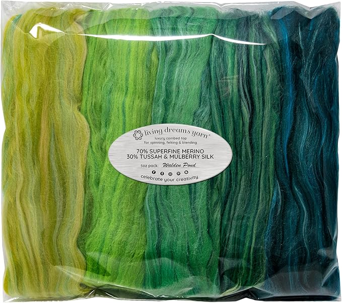 MERINO SILK LUXE Tonal Designer Blend. Superfine Merino, Mulberry Silk, Tussah Silk. Top Roving for Spinning or Felting. Walden Pond 5oz