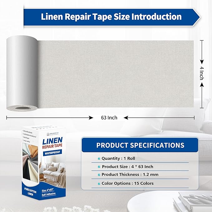 KING MOUNTAIN Linen Repair Patches, Self-Adhesive Linen Fabric Patches, 4 X 63 inch Extra Size, Multi Color, Can be Used for Linen Sofa Repair and Linen Clothes Repair (Beige)