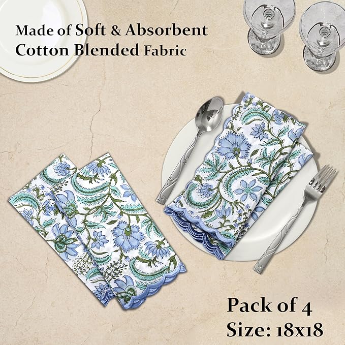 Ridhi Columbia BlueHand Block Print Napkins 18" x 18" Set of 4 Reusable Cotton Dinner Napkins for Weddings, Parties & Everyday Dining, Thanksgiving, Christmas, Fall
