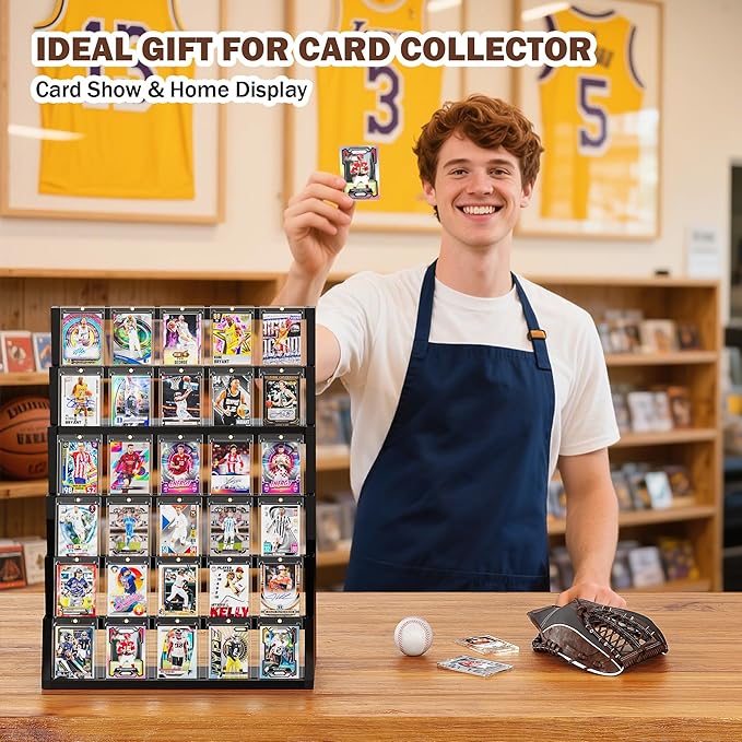 Emfogo Card Display Stand, 6-Tier Trading Card Display, Wood Detachable Graded Card Display with Top Storage, High Capacity Trading Card Display Stand for Collection & Show (Black)