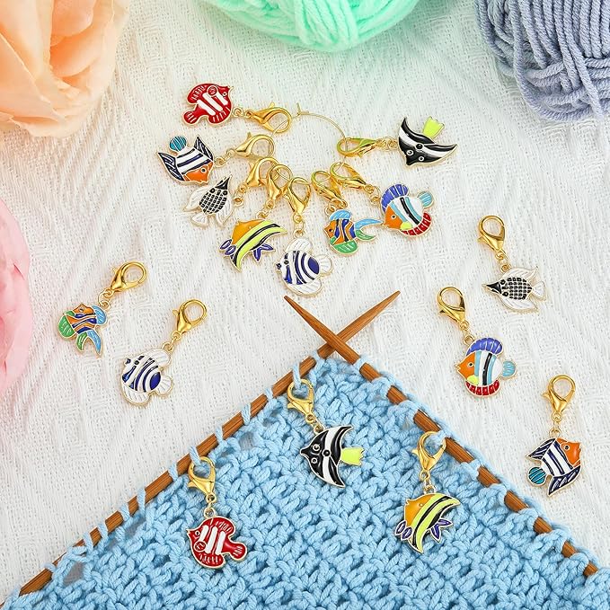 BEEFLYING 16Pcs Fish Stitch Marker Charms for Crocheting and Knitting, 8 Styles Alloy Enemal Crochet Knit Stitch Marker Pendant with Removable Clasp for Knitting Crocheting Accessories