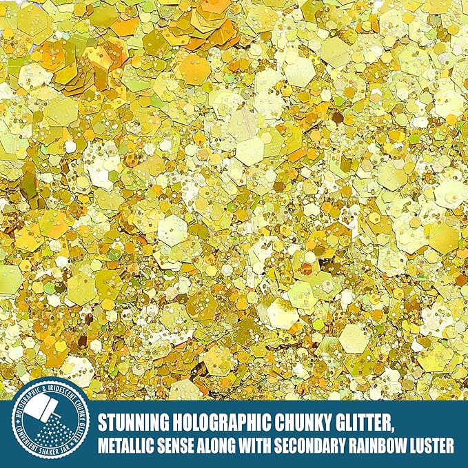 Estanoite Holographic Chunky Glitter, 160G/5.64OZ Craft Glitter for Resin, Metallic Iridescent Chunky Glitter Sequin Flake, Cosmetic Glitter for Makeup Body Nail Face Eye, Glitter Tumbler (Gold)
