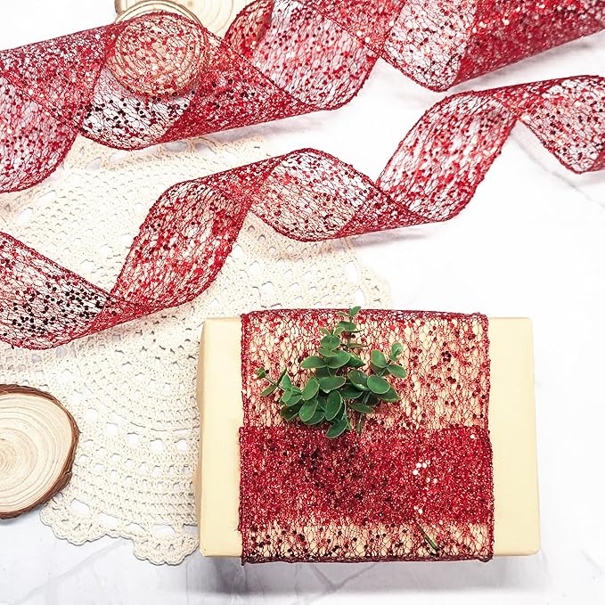 CT CRAFT LLC Sparkling Glitter Mesh Wired Ribbon 2.5" x 10 Yards Red for Christmas Home Decor Bow Gift Wrapping DIY Crafts Wreath