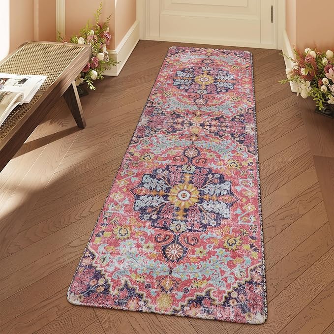 Lahome Bohemian Floral Medallion Runner Rug - 2x6 Hot Pink Hallway Runner Laundry Mat, Machine Washable Non-Slip Soft Indoor Carpet for Bathroom Bedside Basement Camper Home Decor, Fuchsia/Multi