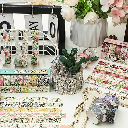 10 Rolls Blooming Flowers Washi Tape Set Floral Arts Adhesive Tapes Colorful Garden Decorative Masking Tape Sets for Craft, Kids, Scrapbook, DIY, Gift Wrapping (2-Romance)