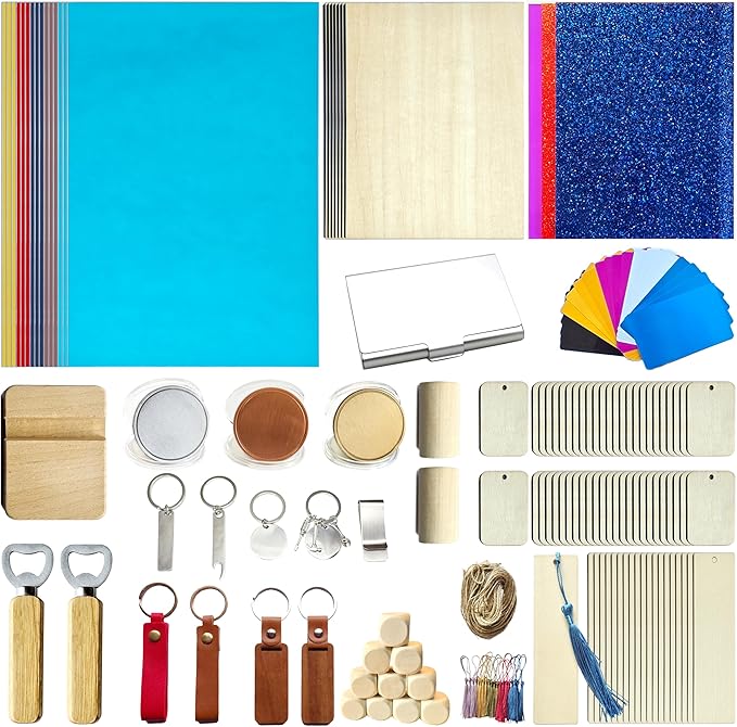 YoSpciaNe Laser Engraving Material Kit, 143 Pcs Engraving Supplies, 18 Kinds of Laser Blanks Including Wood, Paper, Acrylic, Metal, PU Leather