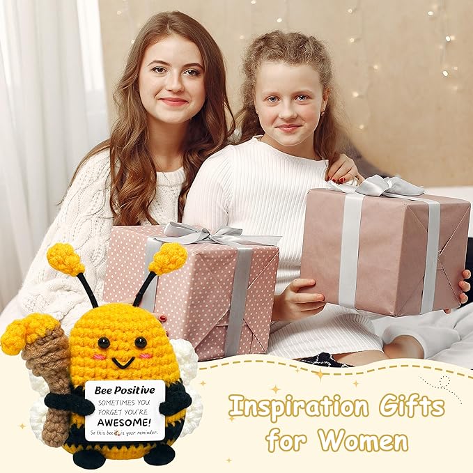 Positive Crochet Animals Bee Gifts - Birthday Gifts for Women Men, Inspirational Gift for Sister Friends Coworkers Boss, Appreciation Presents, Emotional Cheer Up Crochet Bee Cute Decor Small Stuff