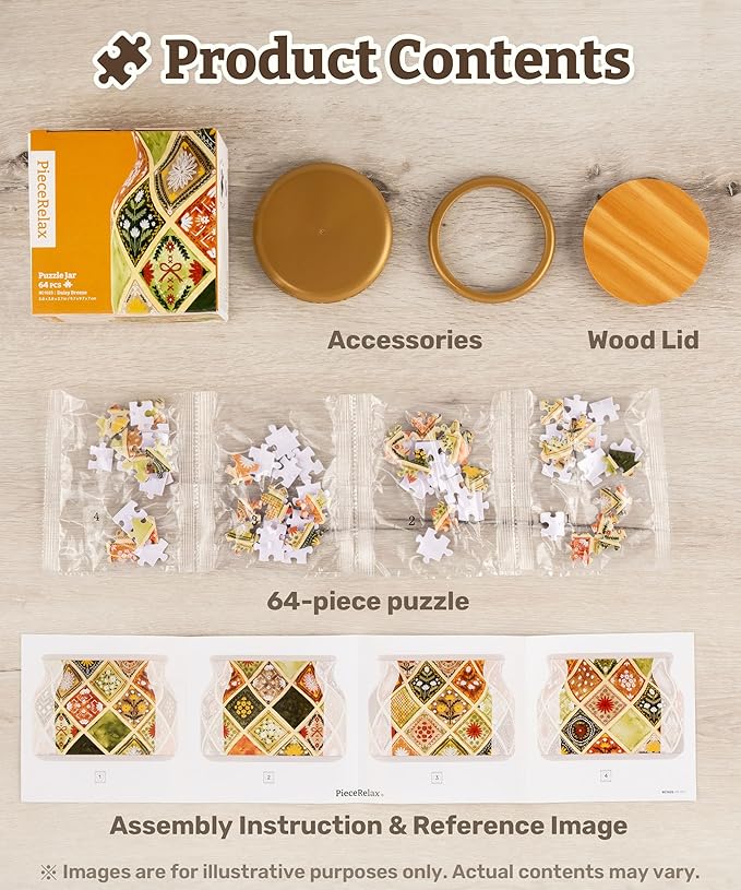 PieceRelax 3D Puzzle Jar 64 Plastic Pieces for Adults - Sweetness of Strawberry Wooden Lid Container for Kitchen Dining Study Living Room No Glue Requied Small [BC1026]