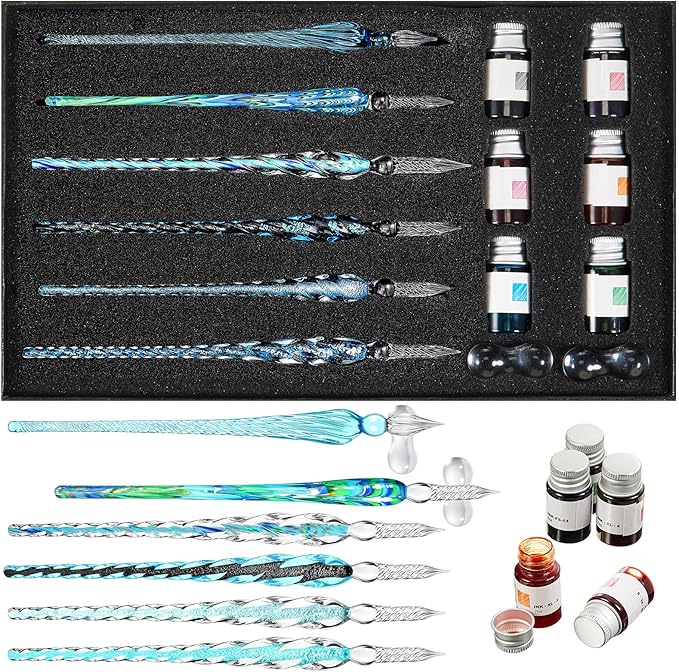 Zonon Glass Dipped Pen Ink Set 14 Pcs Include 6 Pcs Glass Dip Pen, 6 Colorful India Ink and 2 Holder Crystal Signature Calligraphy for Art, Writing, Signatures, Gift(Blue Color System)