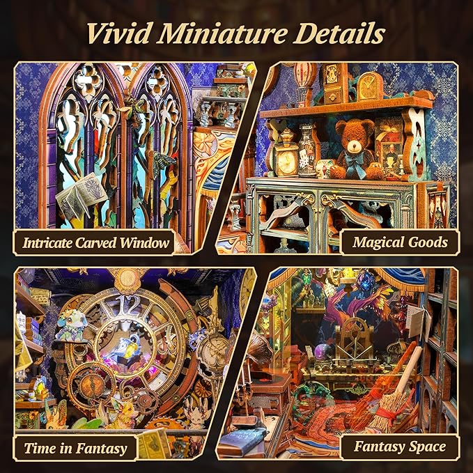 3D Wood Puzzle Book Nook Kit, Fantasy Store Bookshelf Insert with LED Lights, DIY Magical Miniature Bookend Décor for Display, Unique Craft Gift for Adults and Teens (Fantasy Store)