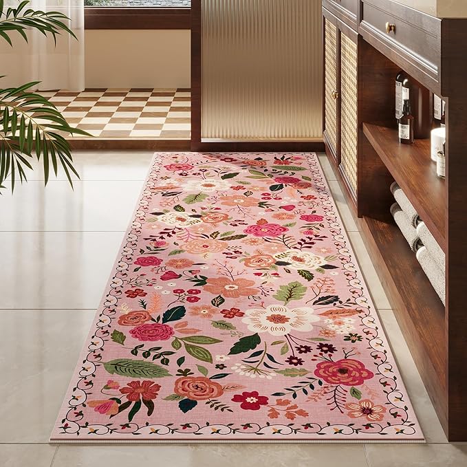 Rugcomf Runners for Hallways Kitchen Runner Rug Non Slip 2'x 10' Long Washable Rugs with Rubber Backing Soft Floral Carpet Runner for Hallways, Kitchen, Laundry, Bedroom, Bathroom(Pink)
