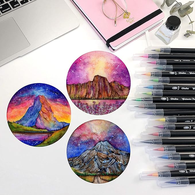 Professional Watercolor Brush Markers Pen 48 Colors of Ohuhu, Water Based Drawing Marker Brushes W/A Blending Aqua Pen, Water Soluble for Adult Coloring Books Comic Calligraphy
