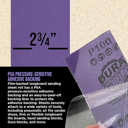 Dura-Gold Premium 100 Grit PSA Purple Film Ceramic Longboard Sandpaper, 2-3/4" Wide Continuous 20 Yard Roll - Self Adhesive Stickyback for Auto & Wood Air File Long Board Sanders, Hand Sanding Blocks