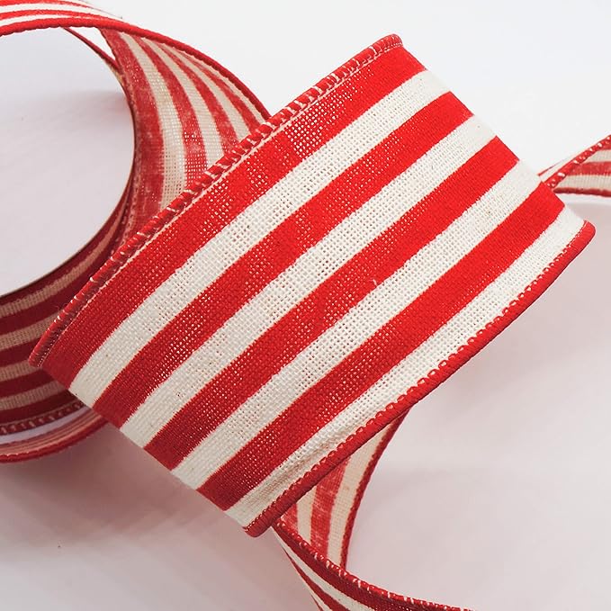 CT CRAFT LLC Striped Canvas Cotton Ribbon 2.5" x 10 Yards Ivory/Red Stripes for Thanksgiving Christmas Home Décor Gift Wrapping Outdoor Tree Topper Bow Wreath